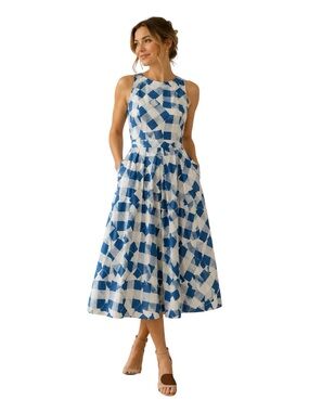 Emily and Fin Blue Geometric Midi Dress US 6 Cottagecore Retro Tea Dress Pockets